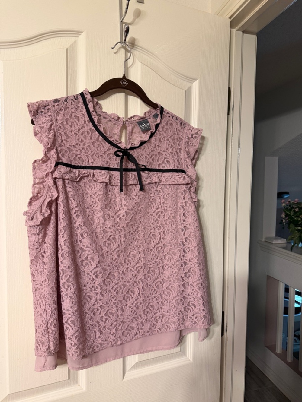 Soho NY & Co Pink Lace Ruffle Sleeveless Blouse with Black Trim